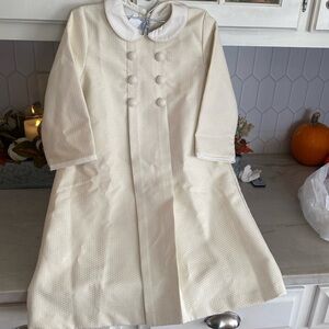 Bella Bliss girl gorgeous cream and gold dress and coat with ruffle sleeves